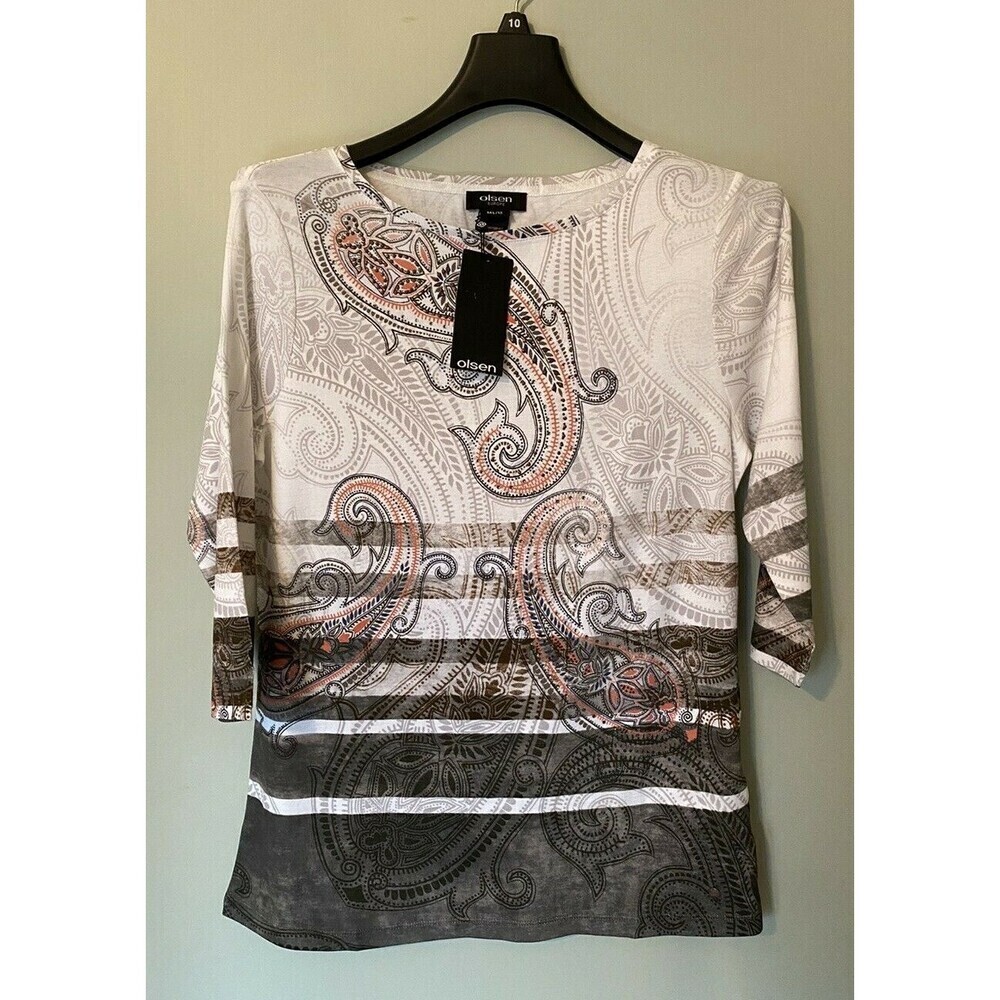 Olsen Cotton 3/4 Sleeve Large Stripe Paisley Tee Top Size L 14